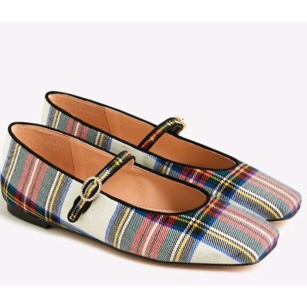 J. Crew Factory Multicolor Plaid Mary Jane Flats with Black Trim
